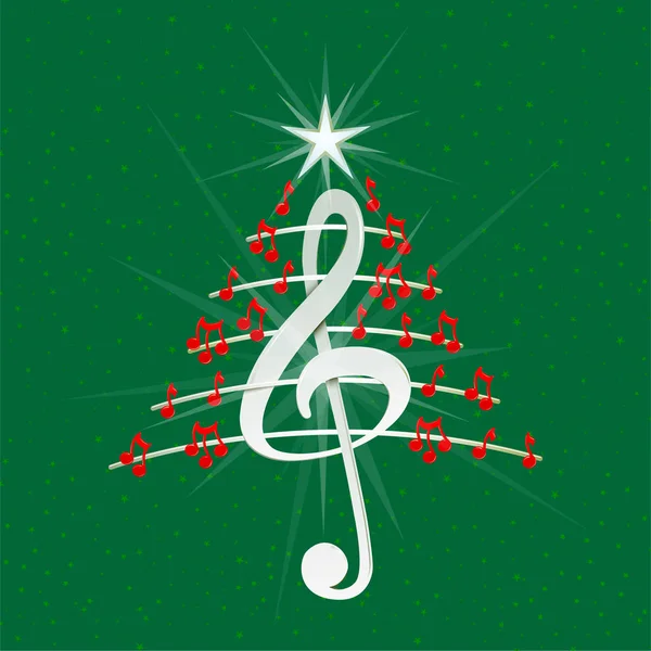 Albero Natale Fatto Note Musicali Rosse Chiave Violino Bianca Pentagramma — Vettoriale Stock