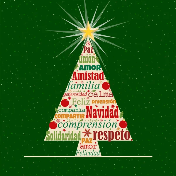 Tarjeta Felicitación Con Palabras Rojas Verdes Español Formando Árbol Navidad — Vector de stock