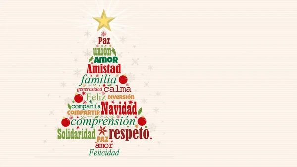Tarjeta Felicitación Con Palabras Rojas Verdes Español Formando Árbol Navidad — Vector de stock