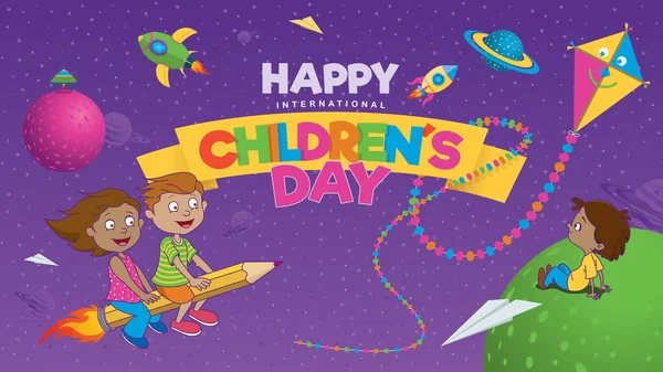 Feliz Tarjeta Felicitación Del Día Internacional Del Niño Letras Colores — Vector de stock