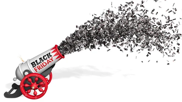 Stare białe i czerwone armaty z napisem Black Friday wypalania Jet zniżki kupony papierowe od 10 do 80 procent w czerni i bieli na białym tle. Ilustracja 3D — Zdjęcie stockowe