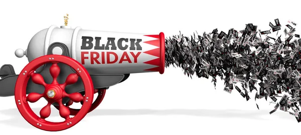 Die alte weiß-rote Kanone mit den Worten "Black Friday" feuert einen Düsenjet mit Rabattpapier-Coupons von 10 bis 80 Prozent schwarz-weiß auf weißem Hintergrund ab. 3D-Illustration — Stockfoto