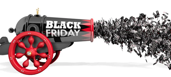 Stary czarny i czerwony armaty z napisem Black Friday wypalania Jet zniżki kupony papierowe od 10 do 80 procent w czerni i bieli na białym tle. Ilustracja 3D — Zdjęcie stockowe