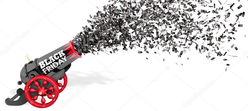 Old black and red cannon with the words BLACK FRIDAY firing a jet of discount paper coupons from 10 to 80 percent in black and white on a white background. 3D Illustration