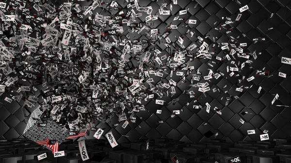 Miles de cupones de 10 a 80 por ciento de descuento en una forma regtangular blanca, negra y roja que sale de una caja de regalo en un piso a cuadros y fondo de cubo negro. Ilustración 3D — Foto de Stock