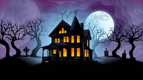 黄色いライトが点灯した古いお化け屋敷は 霧の形をした波の背景を持つ紫色の空の後ろに大きな白い月を持つ墓地を持つ木々のシルエットに囲まれています ベクトル画像 — ストックベクタ