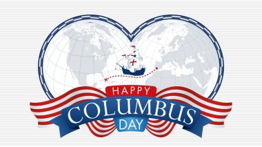 Mutlu Columbus Günü Tebrik kartı. Mavi çerçeve ve ortasında bir oyma ile Amerika ve Avrupa Haritası. Beyaz arka plan üzerinde süs bayrakları ile mavi bir kurdele içinde Başlık. Vektör görüntüsü