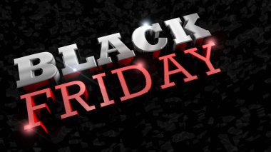 Kara Cuma yazısını kapatın. Kaba siyah bir doku üzerinde beyaz ve kırmızı parlak kalın harfler. 3d İllüstrasyon