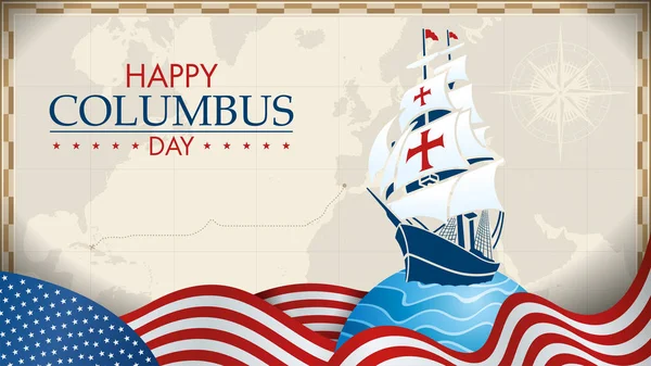 Happy Columbus Day Greeting Card Blue Caravel Circle Blue Waves — Stock Vector