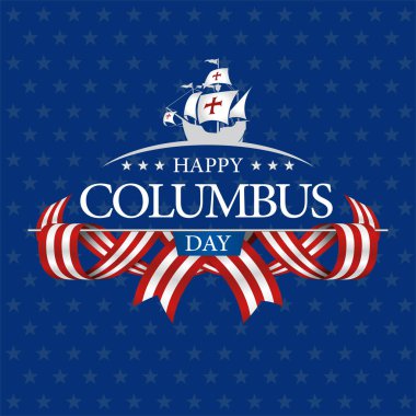 Columbus Günü tebrik kartın kutlu olsun. Mavi desenli yıldız arkaplanında sarmalanmış Usa bayraklarıyla çevrili başlıkta beyaz süvari silueti. Vektör imgesi