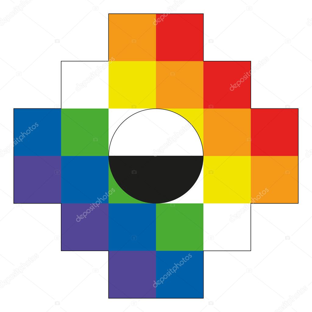 Chakana, Andean square cross in red, yellow, blue, green and purple color. It is the most important symbol of Andean culture on white background. Vector image