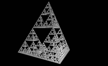 Gray Sierpinski triangle on black background. It is a fractal with the overall shape of an equilateral triangle, subdivided recursively into smaller equilateral triangles. 3D Illustration clipart