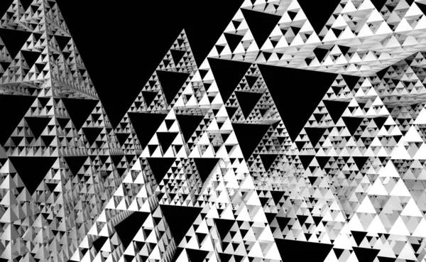 Gray Sierpinski triangle texture on black background. It is a fractal with the overall shape of an equilateral triangle, subdivided recursively into smaller equilateral triangles. 3D Illustration