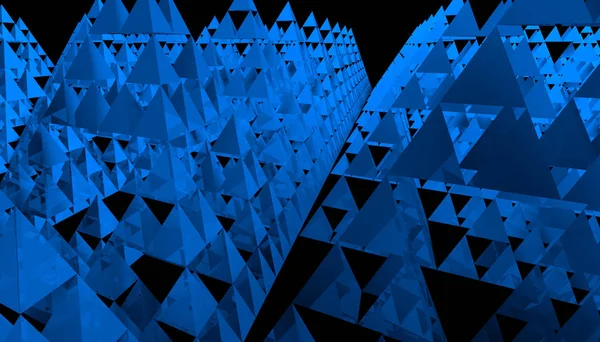 Blue Sierpinski triangle texture on black background. It is a fractal with the overall shape of an equilateral triangle, subdivided recursively into smaller equilateral triangles. 3D Illustration