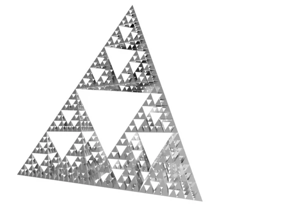 Triângulo de Sierpinski cinza sobre fundo branco. É um fractal com a forma geral de um triângulo equilátero, subdividido recursivamente em triângulos equiláteros menores. Ilustração 3D — Fotografia de Stock