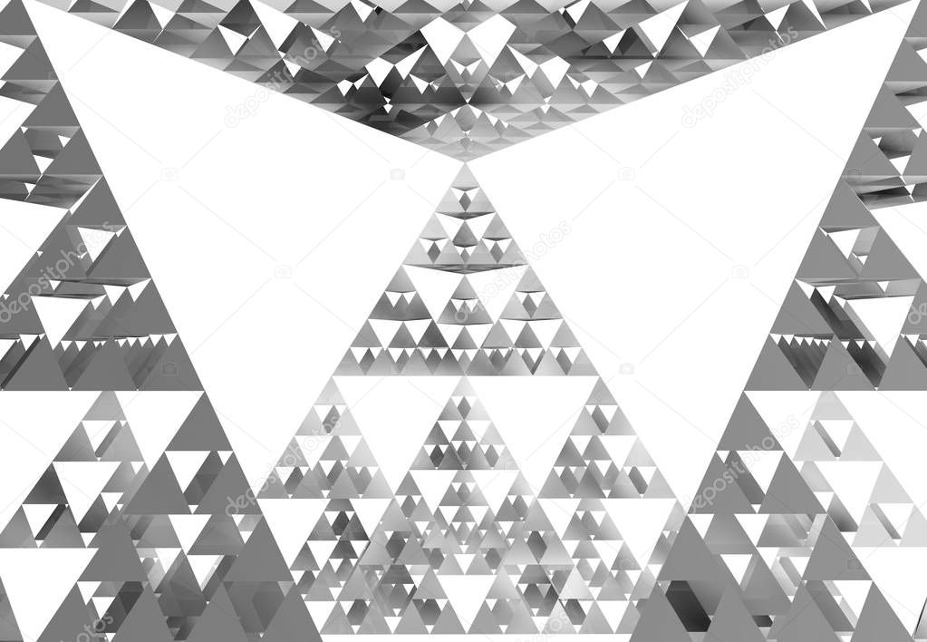Gray Sierpinski triangle close-up on white background. It is a fractal with the overall shape of an equilateral triangle, subdivided recursively into smaller equilateral triangles. 3D Illustration