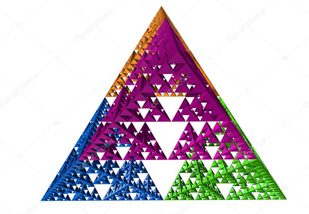 Blue, green, yellow and purple Sierpinski triangle on white background. It is a fractal with the overall shape of an equilateral triangle, subdivided recursively into smaller equilateral triangles. 3D Illustration