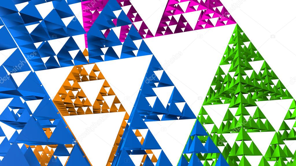Blue, green, yellow and purple Sierpinski triangle close-up on white background. It is a fractal with the overall shape of an equilateral triangle, subdivided recursively into smaller equilateral triangles. 3D Illustration