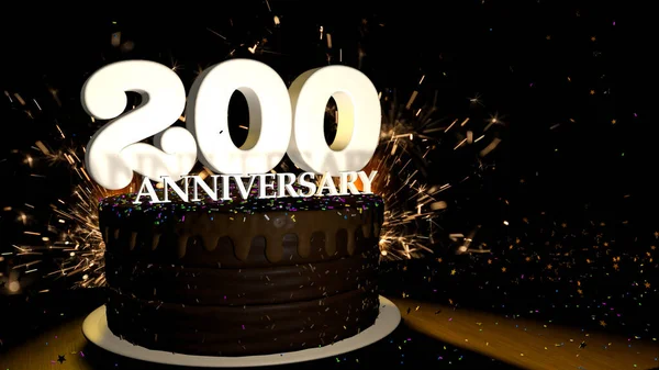200周年卡片 圆形巧克力蛋糕 装饰着蓝色 绿色的窗帘 在木制桌子上有白色的数字 背景是人为的火 星星和彩色的窗帘落在桌子上 3D说明 — 图库照片