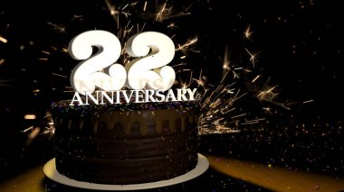 22. yıldönümü kartı. Yuvarlak çikolatalı pasta, mavi, kırmızı, sarı, yeşil renklerle süslenmiş, ahşap bir masada beyaz numaralar ve arka planda yapay ateş ve masaya düşen renkli cereyanlar. 3B Görüntü