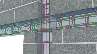 Duvarın içindeki çelik çubukları görebileceğiniz şeffaf beton kirişli bir sütunun ayrıntıları. 3B Görüntü