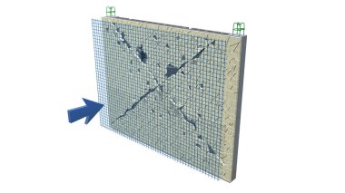 Kırık bir duvarı beyaz zemin üzerinde metal ağlarla güçlendirme kavramını gösteren grafik. 3B Görüntü