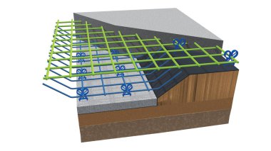 Grafik, beton zeminin beton yapısının beton dökülmeden önce metal yapının görüldüğü bir kısmını gösteriyor. 3B Görüntü