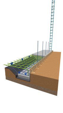 Grafik, bir evin temellerinin bir kısmını gösteriyor, ahşap biçimlendirmeyi, metal yapıyı ve bir sütun oluşturan çubukları gösteriyor. 3B Görüntü