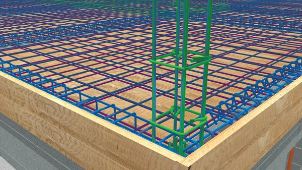 列を形成する構造とロッドを形成する木製の型枠と鋼棒を参照してください建設中の家のベースの隅のビュー 3Dイラスト — ストック写真