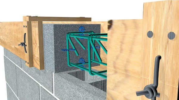 ブロックの壁に木製の型枠内のコンクリートビームの要素の詳細 3Dイラスト — ストック写真