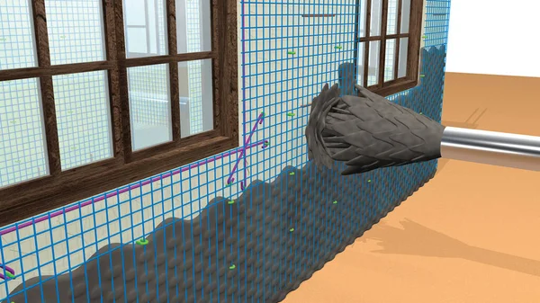 金属メッシュで補強された家の壁にコンクリートジェットが注がれています 3Dイラスト — ストック写真