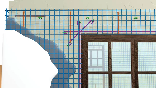 金属メッシュで壁を強化するために使用される要素を示す家の隅の詳細 3Dイラスト — ストック写真