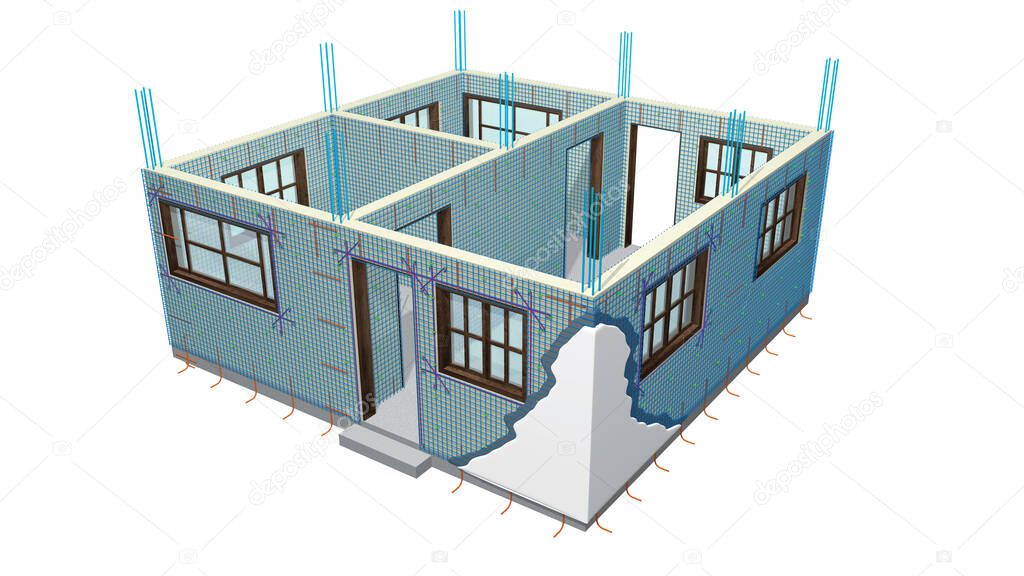 Graphic showing the elements used to reinforce the walls with metal mesh of a small one-story house on a white background. 3D Illustration