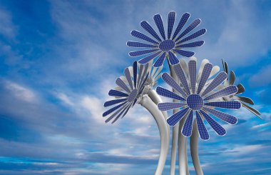 Taç yaprakları ve mavi gökyüzü arkaplanlı uzun beyaz saplı 5 mavi çiçek şeklindeki güneş panelleri. 3B Görüntü