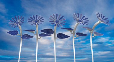 Yaprakları, yaprakları ve mavi gökyüzü arkaplanlı uzun beyaz sapı olan çiçek şeklinde 5 mavi güneş panelinin ön görüntüsü. 3B Görüntü