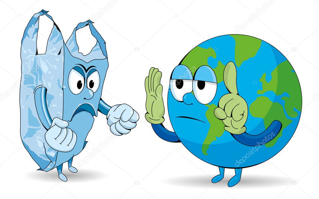 Cartoon of planet earth stopping pollution from an angry disposable plastic bag on white background. Vector image