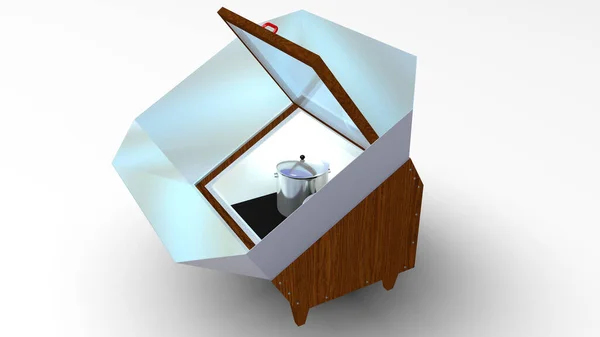 白い背景に内側に2つのポットを持つガラス蓋と金属反射板を開いたボックスソーラークッカー 3Dイラスト — ストック写真