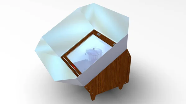 白い背景に内側に2つのポットと閉じたガラス蓋と金属の反射板を持つボックスソーラークッカー 3Dイラスト — ストック写真