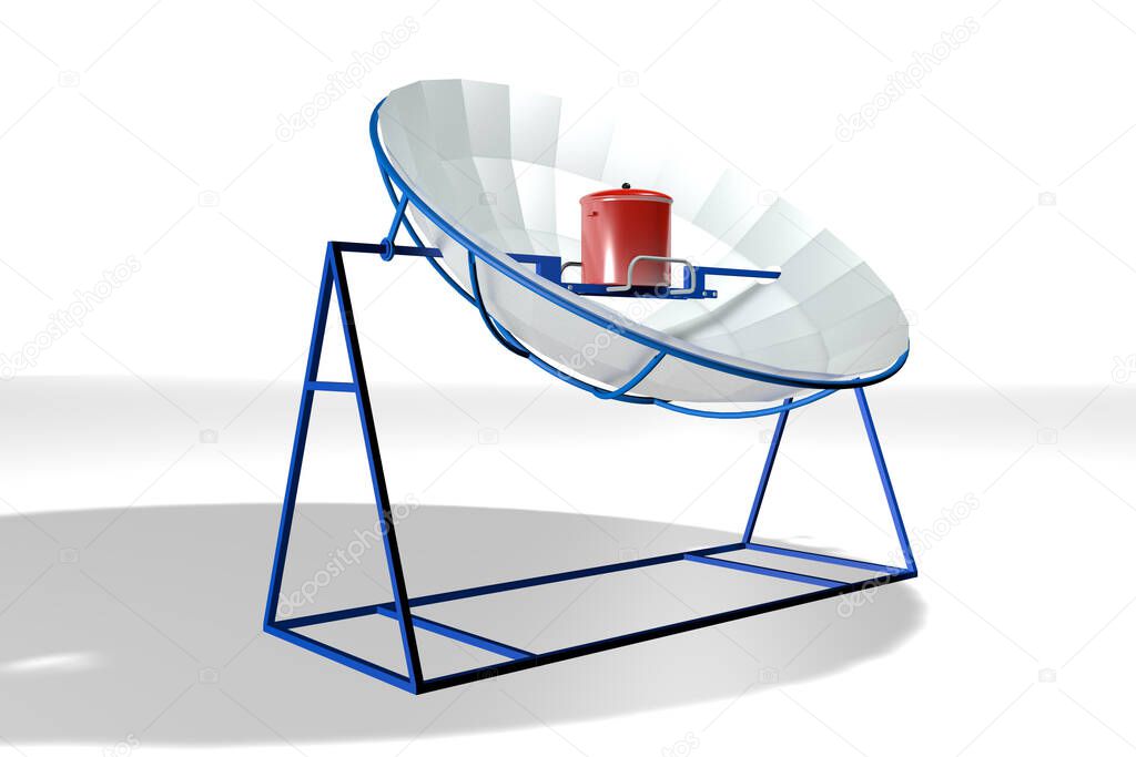 Parabolic solar cooker model with blue structure with a red pot on a white background. 3D Illustration