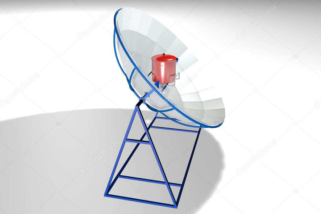 Parabolic solar cooker model with blue structure with a red pot on a white background. 3D Illustration