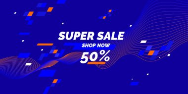 Satılık ana başlık. Dinamik dalgalar üzerinde mavi arka plan ile orijinal poster indirim.