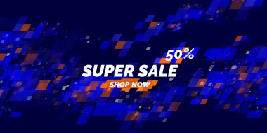 Satılık ana başlık. Dinamik dalgalar üzerinde mavi arka plan ile orijinal poster indirim.