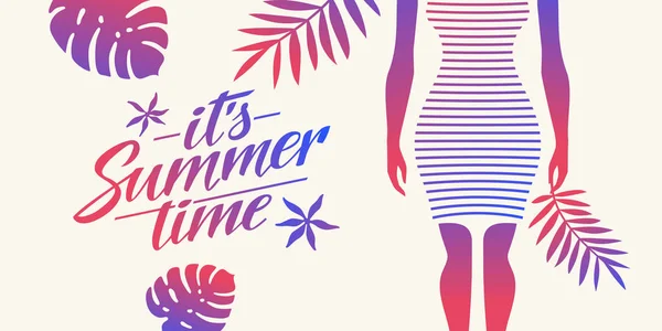 Cartaz de verão elegante com folhas tropicais e silhueta de uma menina. Lettering sua hora de verão . —  Vetores de Stock