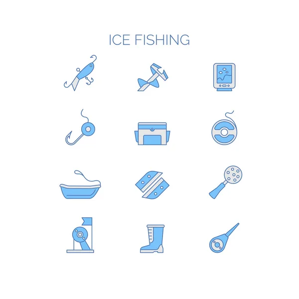 Sada barevných ikon pro letní rybaření. Obrázek nástrojů a objektů. — Stockový vektor