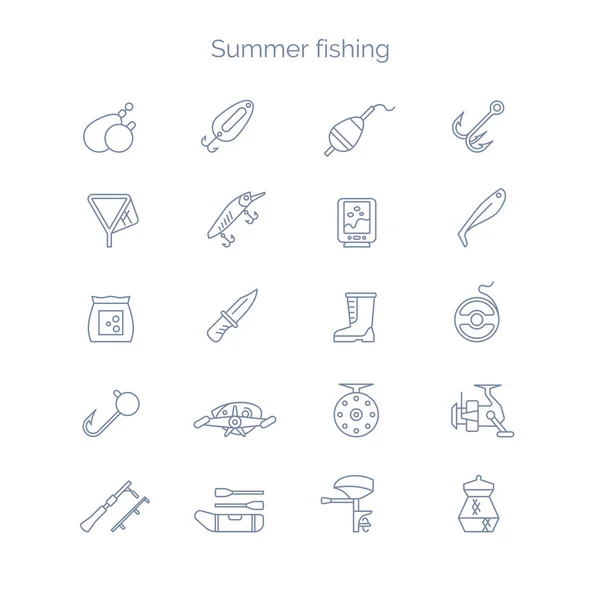 Conjunto de ícones lineares para a pesca de verão. Ilustração de ferramentas e objetos . —  Vetores de Stock