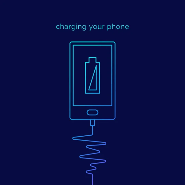 暗い背景上で携帯電話を充電の線形図. — ストックベクタ
