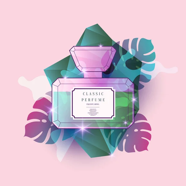 Flacon de parfum avec motif géométrique. Affiche moderne lumineuse pour la publicité et la vente Parfum . — Image vectorielle