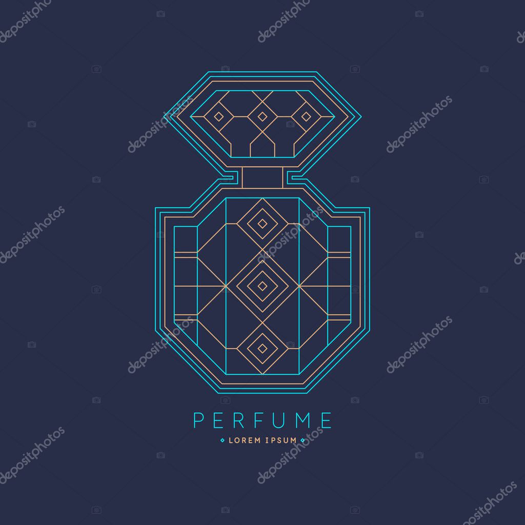 Bottle of perfume. Vector illustration. Linear image perfume to monogram.