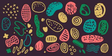 Doodle tarzında farklı elementler. Tasarım için izole nesneler. Arkaplanda soyut noktalar ve şekiller.