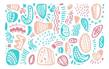 Doodle tarzında farklı elementler. Tasarım için izole nesneler. Arkaplanda soyut noktalar ve şekiller.